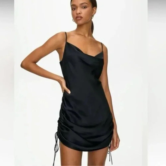 Aritzia Wilfred Only Ruched Slip Satin Dress Midi Mini Black Size Small - Picture 1 of 13